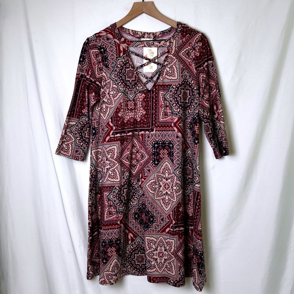 Fig & Olive Womens Lattice Neck Medallion Print Shift Dress Size L Burgundy Navy